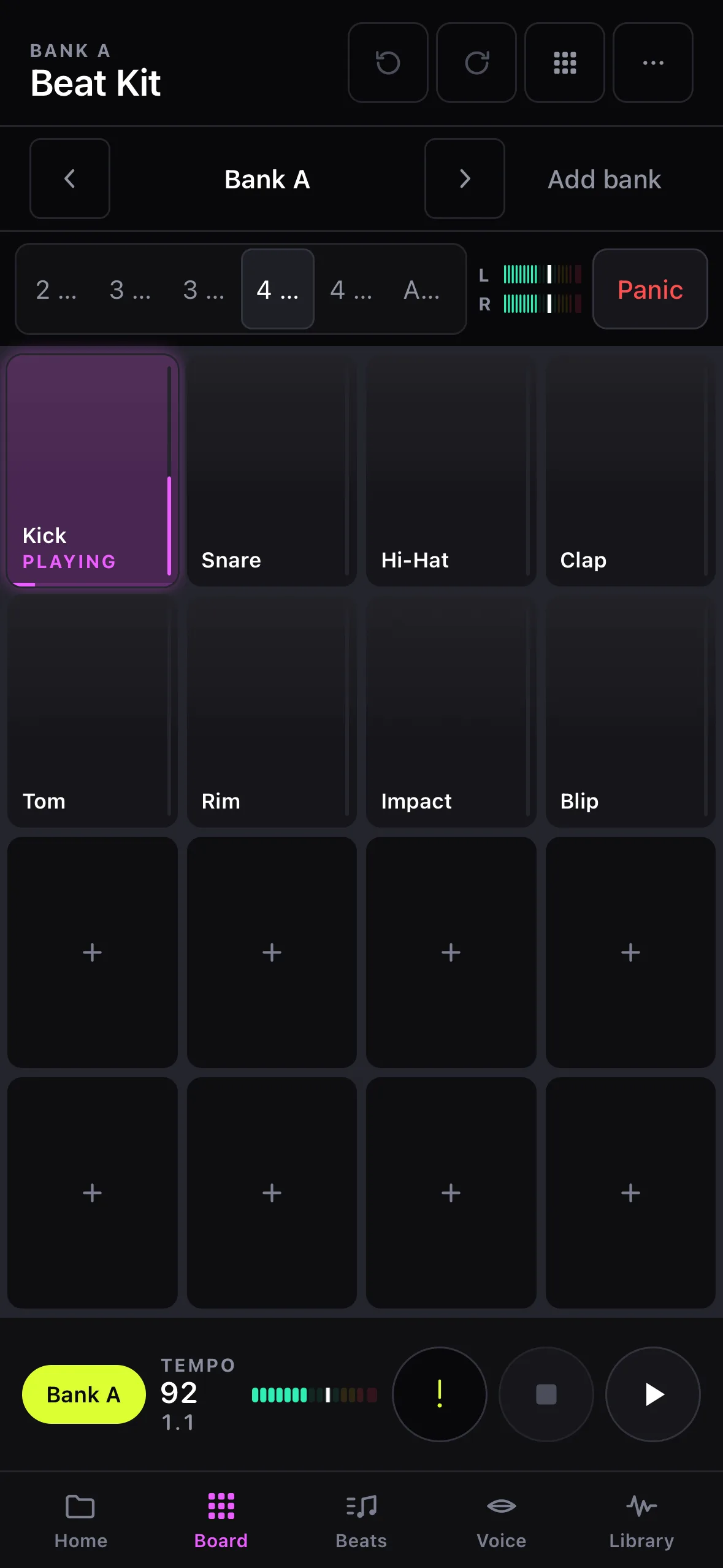 PadLab board: a 4x4 pad grid mid-performance with one pad lit and playing